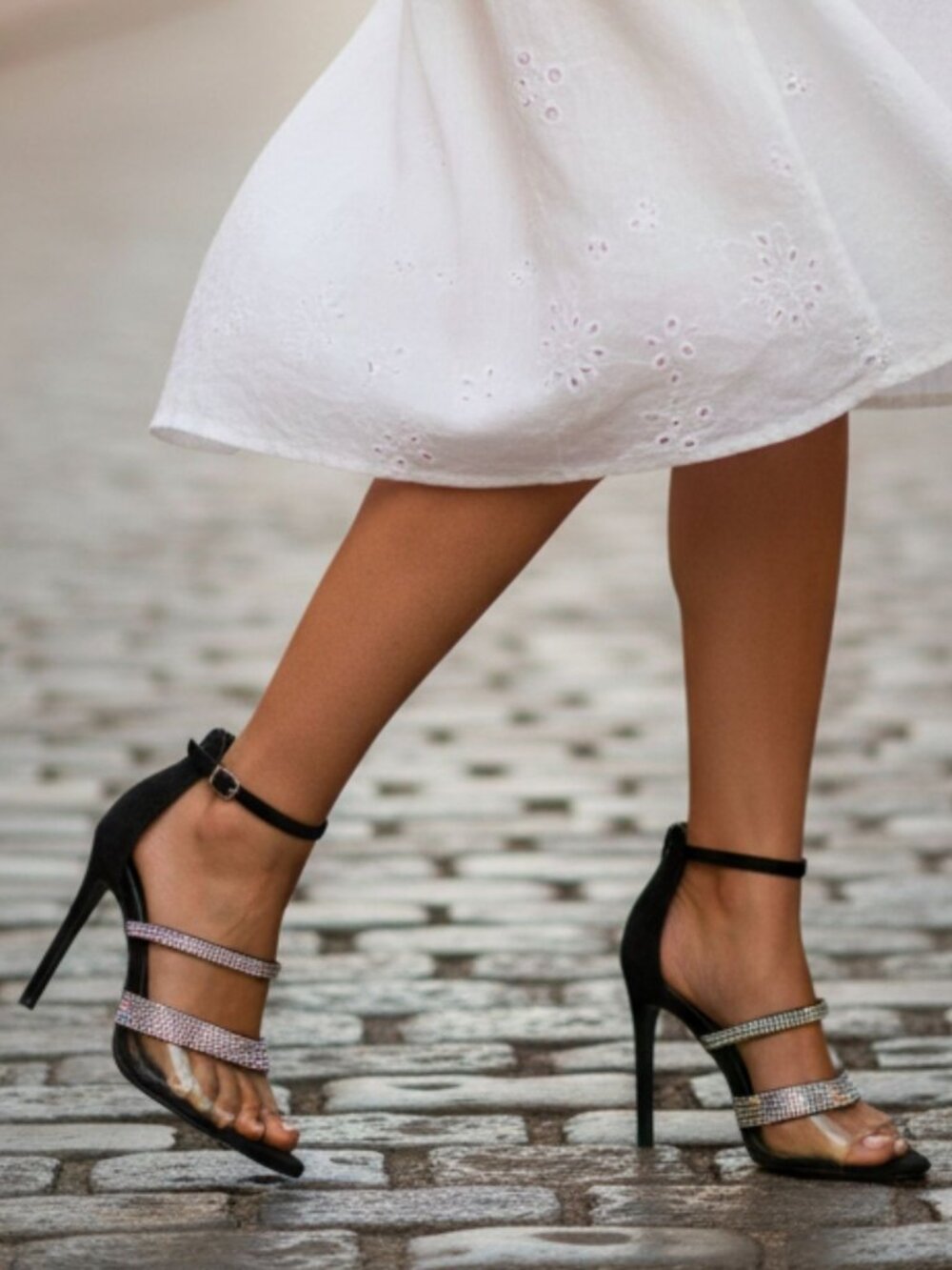 Rhinestone Clear Strap High Heels With Ankle Buckle & Back Zipper - Elegant Blac